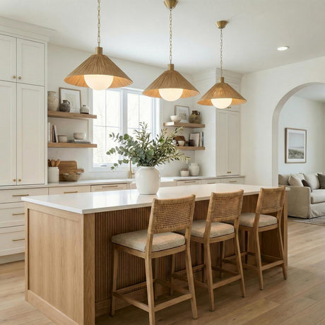 Fawn Medium Pendant 22", Patina Brass and Rattan with Opal Glass Brass woven pendant in a Modern Farmhouse Kitchen with a white island.