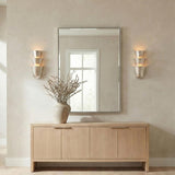 Vedra Wall Sconce 18", Hammered Silver scalloped Wall Sconce in a Contemporary Entryway with a light wood sideboard and mirror.