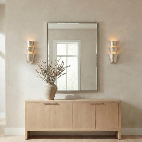 Vedra Wall Sconce 18", Hammered Silver scalloped Wall Sconce in a Contemporary Entryway with a light wood sideboard and mirror.