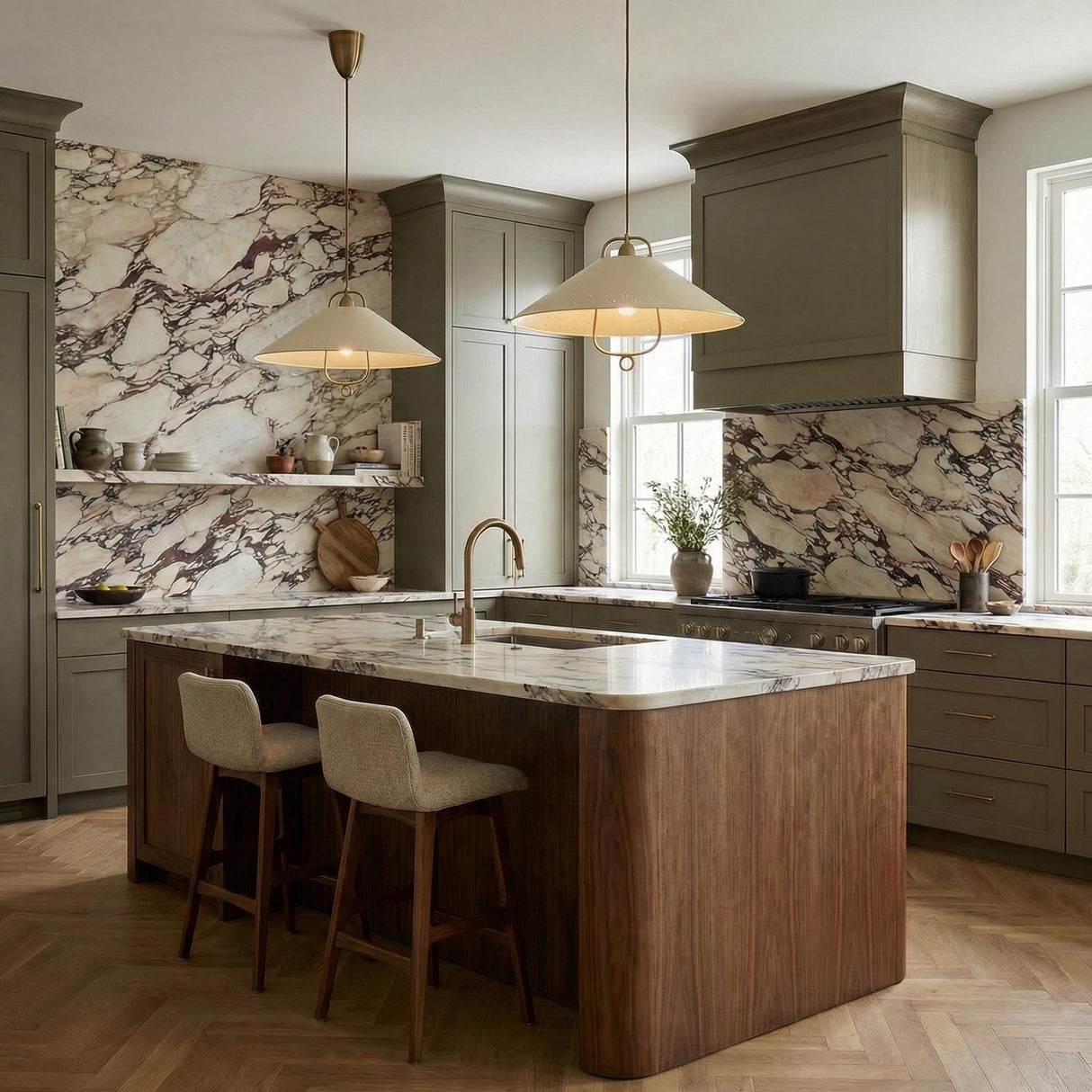 Jerico Pull-Down Pendant 24", Soft Sand and Patina Brass geometric Pendant in a Transitional Kitchen with a marble island.