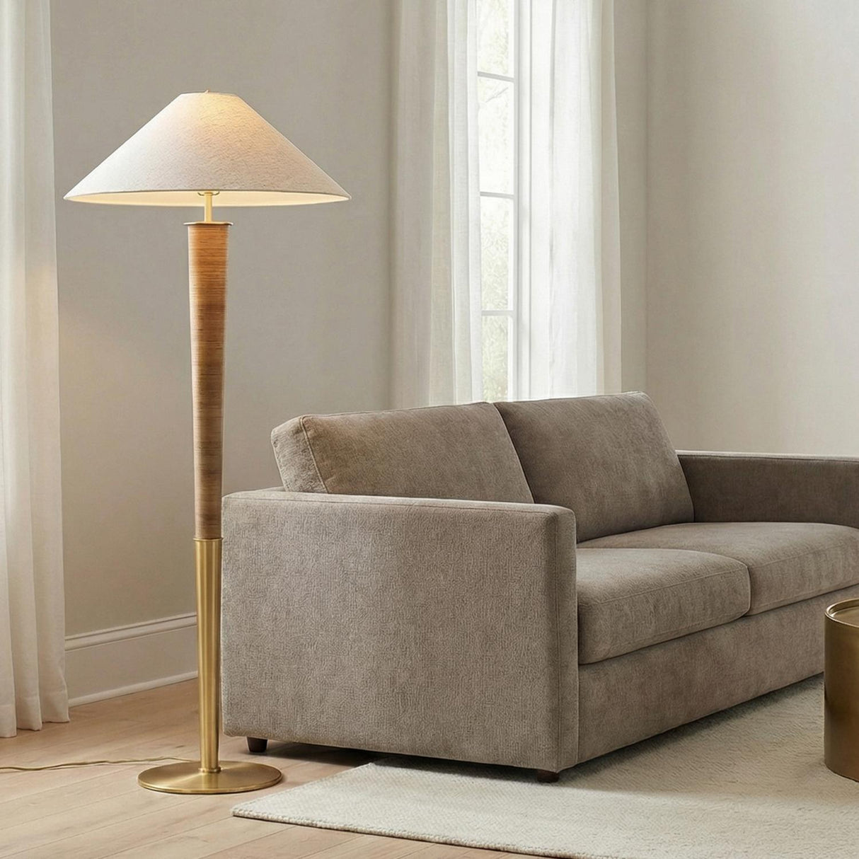 Arcadia Floor Lamp 68", Aged Brass and Rattan