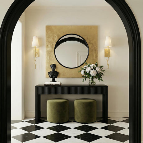 Liana Wall Sconce 25", Gold Leaf branch design wall sconce in a Contemporary Entryway with a black console and green ottomans.
