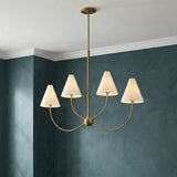 Yara 4 Light Chandelier, Patina Brass geometric Chandelier in a Transitional Dining Room with textured teal walls.