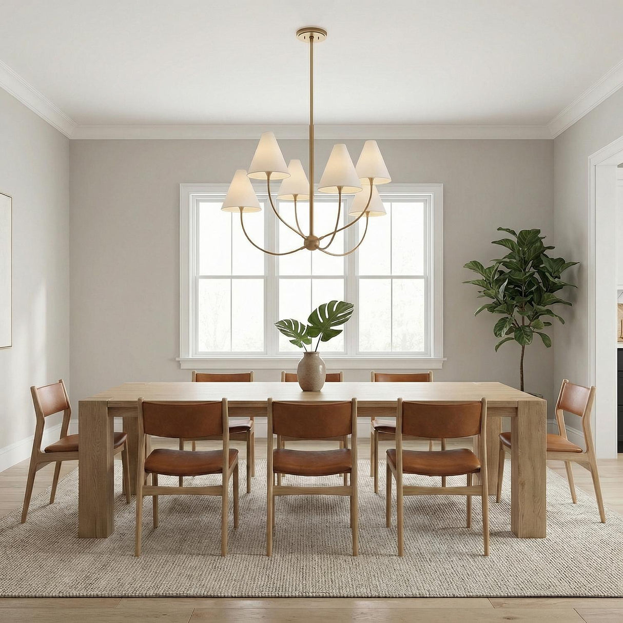 Yara 6 Light Chandelier 40", Patina Brass geometric Chandelier in a Transitional Dining Room with a light oak table and leather chairs.