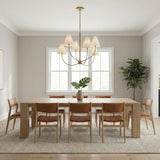 Yara 6 Light Chandelier 40", Patina Brass geometric Chandelier in a Transitional Dining Room with a light oak table and leather chairs.