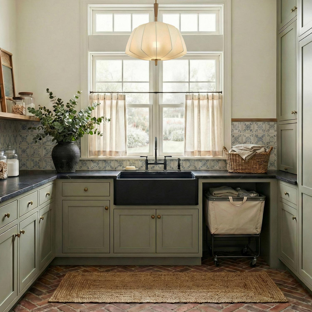 A farmhouse laundry room features the Winthrop Fabric Pendant, Medium, 20", Patina Brass and Wood over the sink with sage green cabinets and a brick floor.