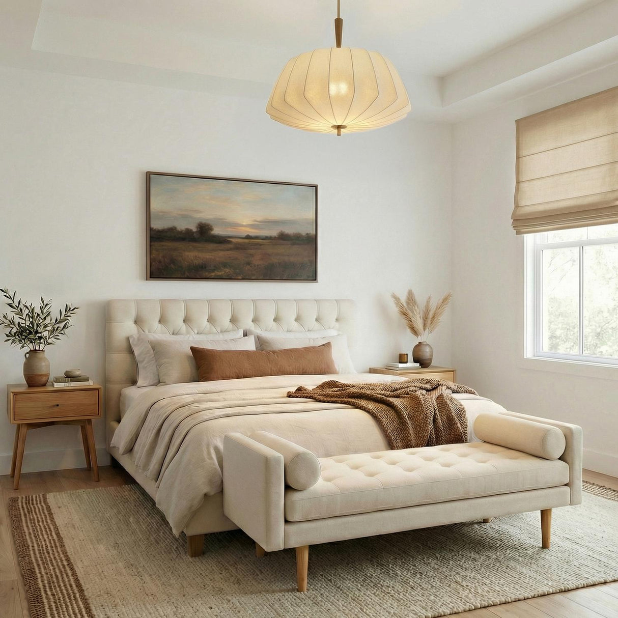 Winthrop Patina Brass scalloped fabric pendant in a Transitional Bedroom with a tufted headboard and natural wood nightstands.