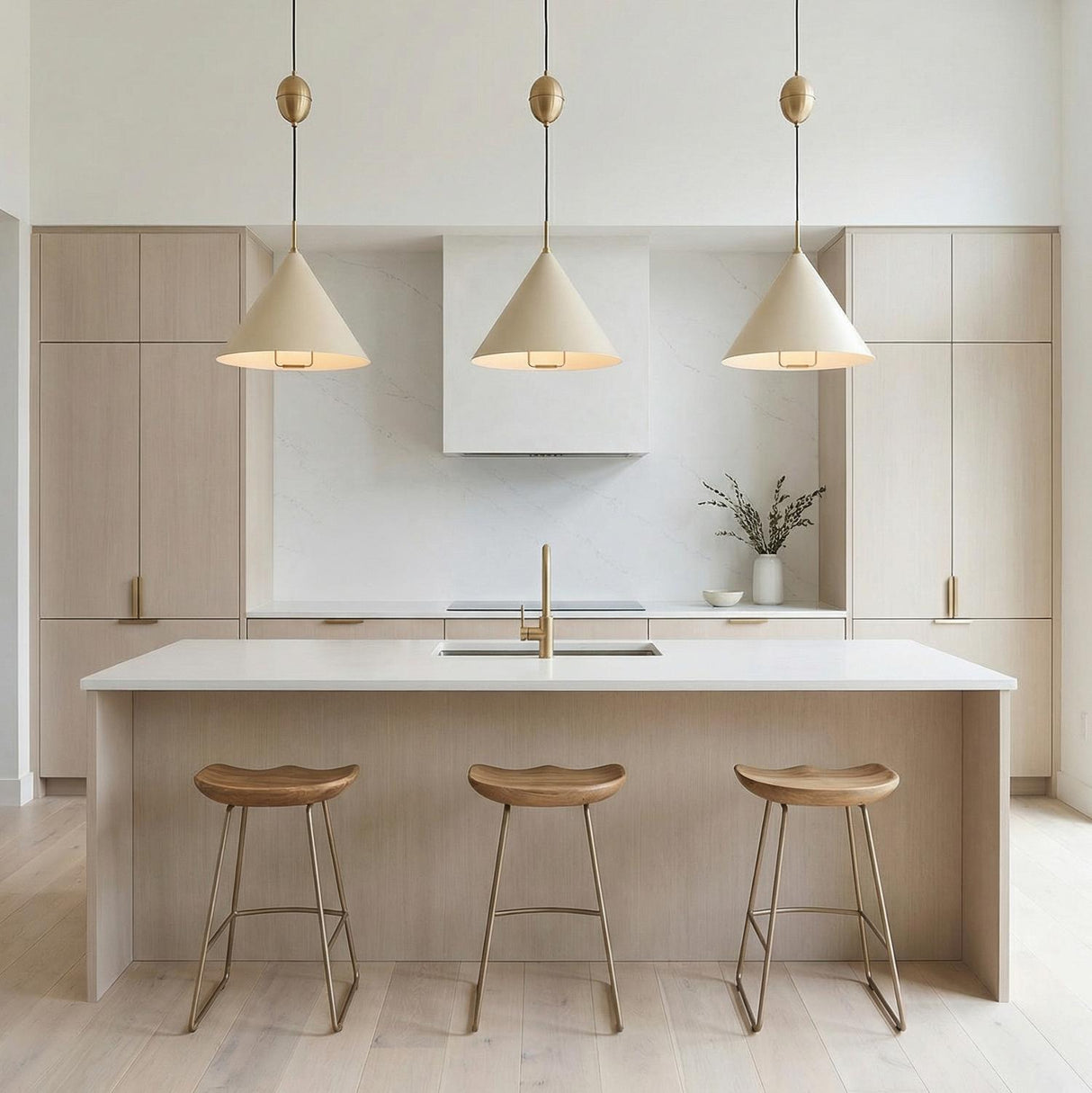 A minimalist kitchen features three Hadley Pull-Down Pendant 18" fixtures in soft sand and patina brass over the island with white countertops and three wooden stools.
