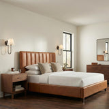 Harmony Wall Sconce 15", Old Bronze linear Wall Sconce in a Mid-Century Bedroom with a leather tufted bed.