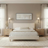 Harmony Wall Sconce 15", Old Bronze tapered Wall Sconce in a Transitional Bedroom with a cream upholstered bed and oak nightstands.