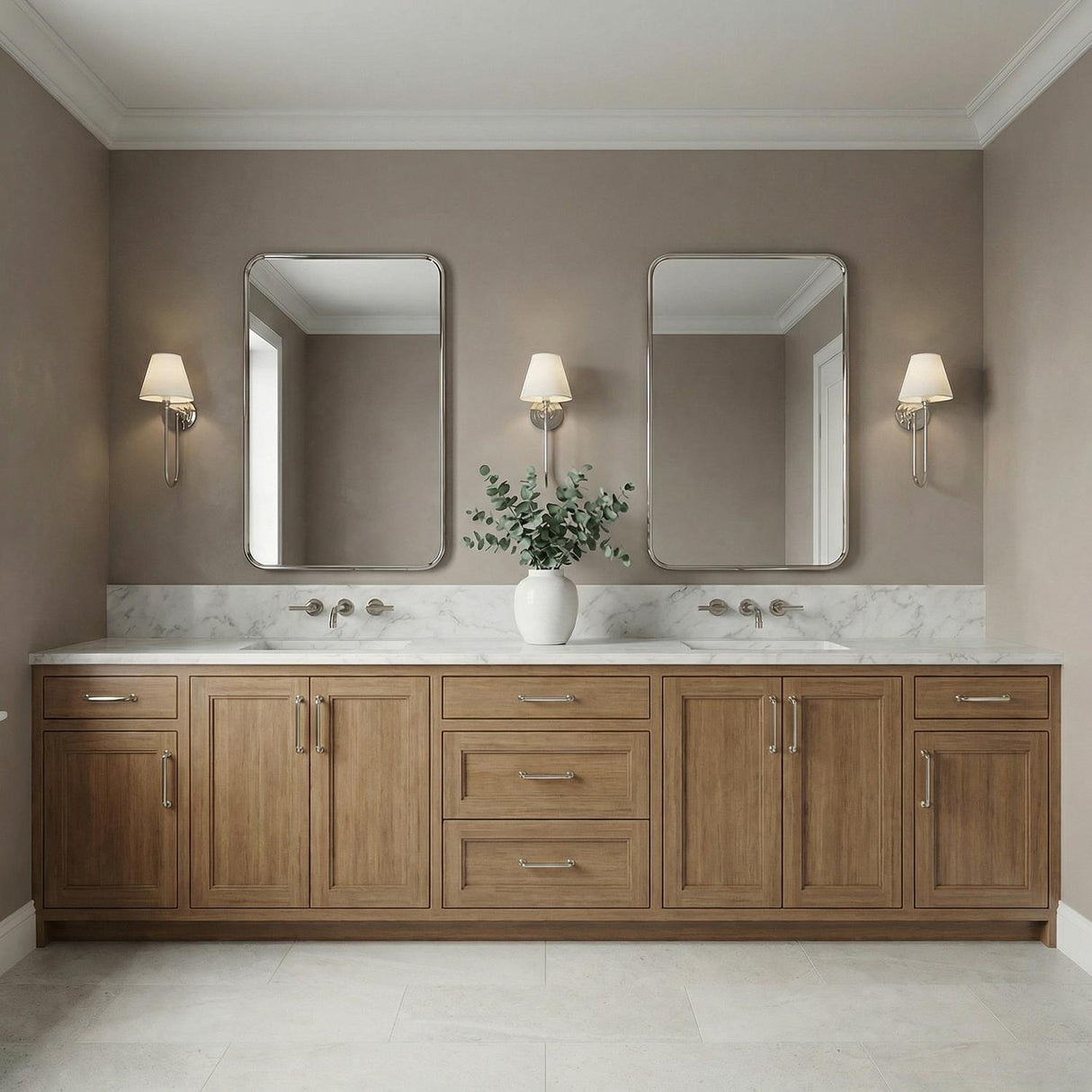 Harmony Wall Sconce 15", Polished Nickel geometric Wall Sconce in a Transitional Bathroom with a double vanity and marble backsplash.