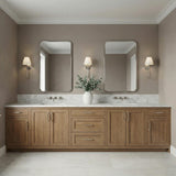 Harmony Wall Sconce 15", Polished Nickel geometric Wall Sconce in a Transitional Bathroom with a double vanity and marble backsplash.