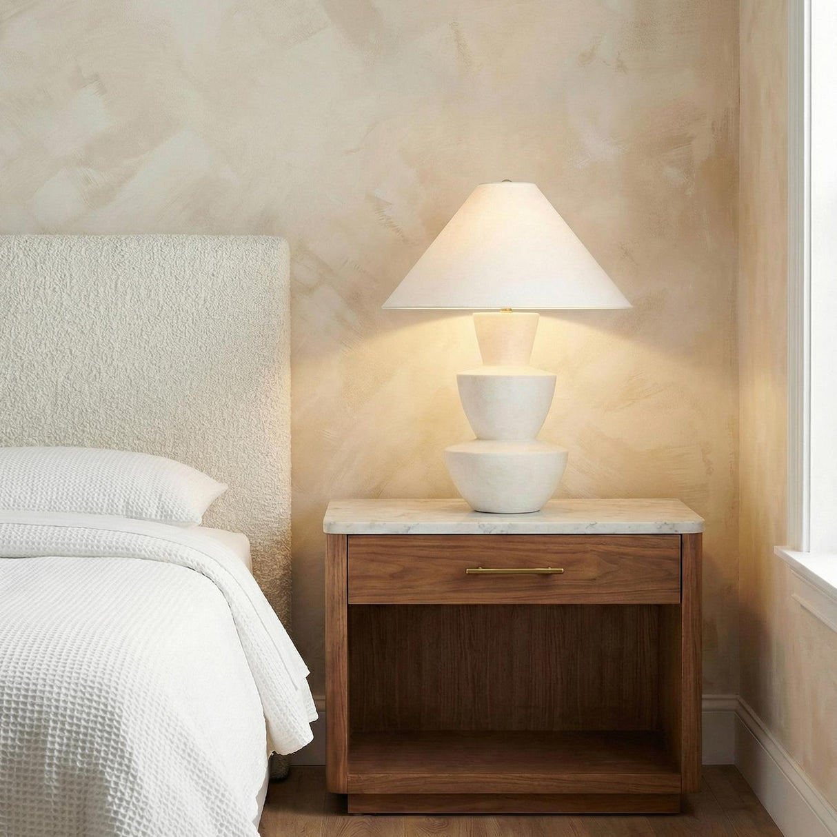 Andrea Table Lamp 27", Whitewashed Ceramic geometric Table Lamp in a Contemporary Bedroom with a marble top walnut nightstand.