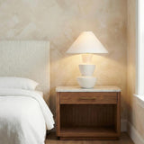 Andrea Table Lamp 27", Whitewashed Ceramic geometric Table Lamp in a Contemporary Bedroom with a marble top walnut nightstand.