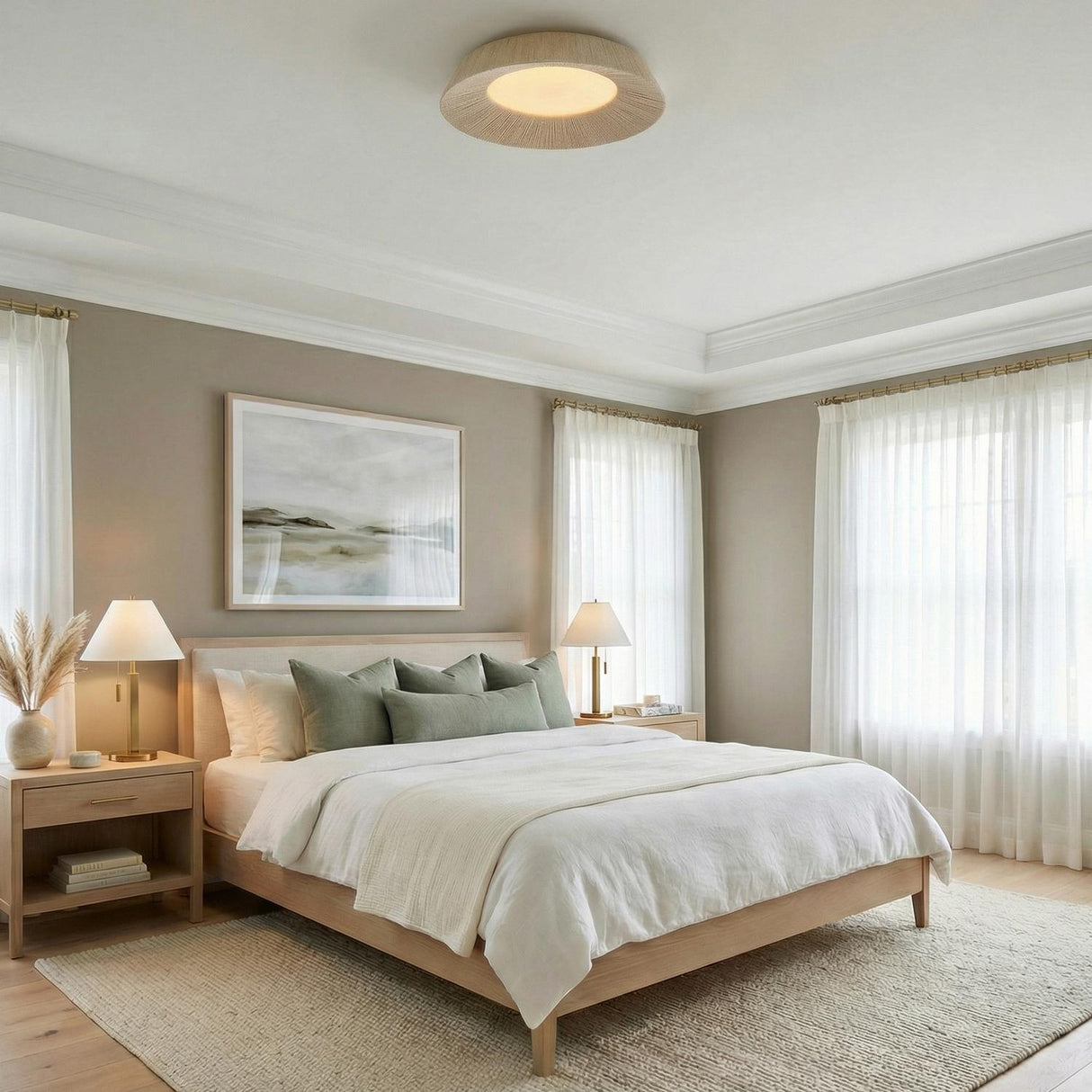Callen Large LED Flush Mount 24", Natural Rope woven flush mount in a Transitional Bedroom with a light oak bed and sage green pillows.
