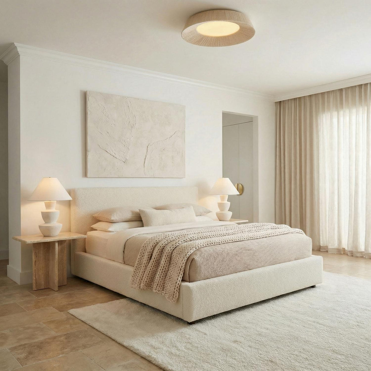 Callen Large LED Flush Mount 24", Natural Rope woven flush mount in a Modern Bedroom with a cream upholstered bed and textured art.
