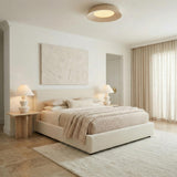 Callen Large LED Flush Mount 24", Natural Rope woven flush mount in a Modern Bedroom with a cream upholstered bed and textured art.