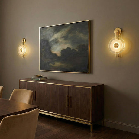 Quella LED Wall Sconce 18", Aged Brass and Piastre Glass geometric wall sconce in a Contemporary Dining Room with a walnut sideboard.