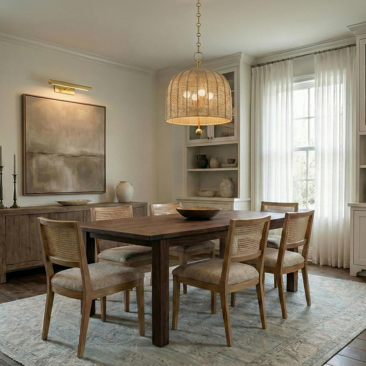 Benito Large Pendant 20", Gold and Natural Rope woven pendant in a Transitional Dining Room with a dark wood table and cane chairs.