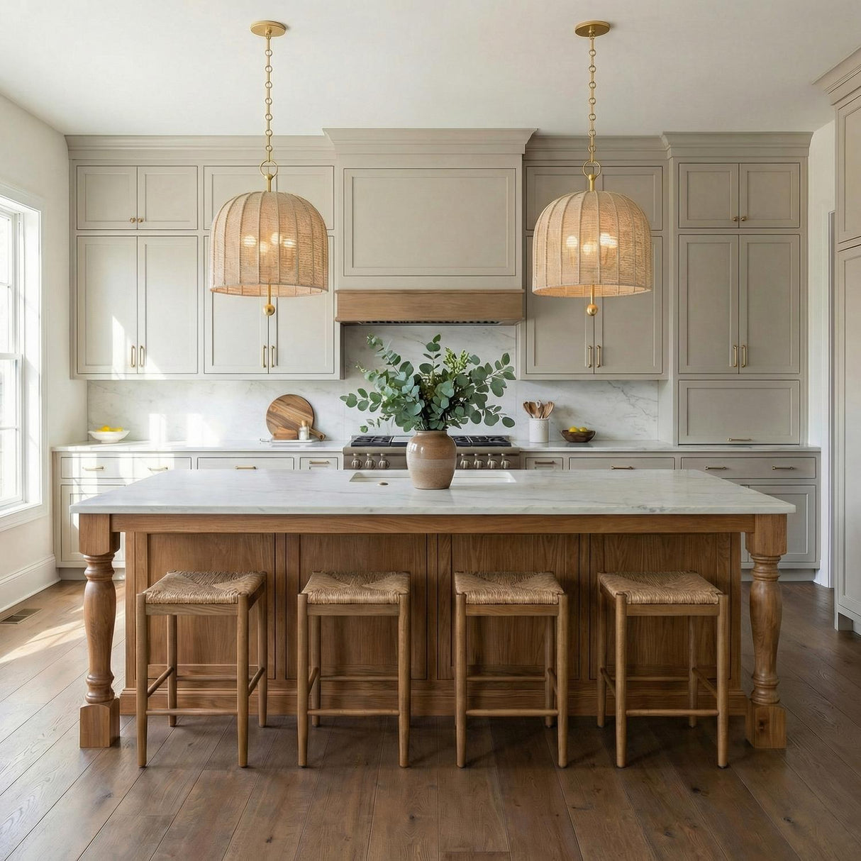 Benito Large Pendant 20", Gold Leaf and Natural Rope woven pendant in a Modern Farmhouse Kitchen with a white marble island.