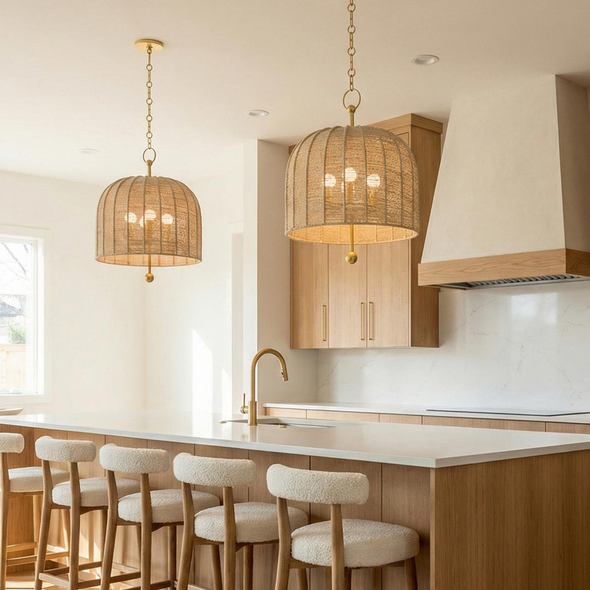 Benito Large Pendant 20", Gold and Natural Rope woven Pendant in a Coastal Kitchen with a white marble island and bouclé stools.