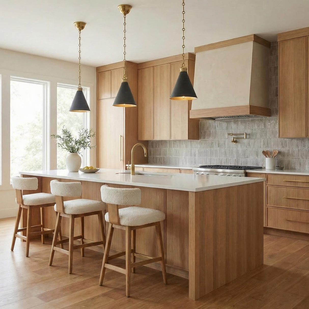 A contemporary kitchen with three Ambrose Small Pendant 10" Urban Bronze and Aged Brass fixtures hanging over a white quartz island surrounded by light wood cabinets.