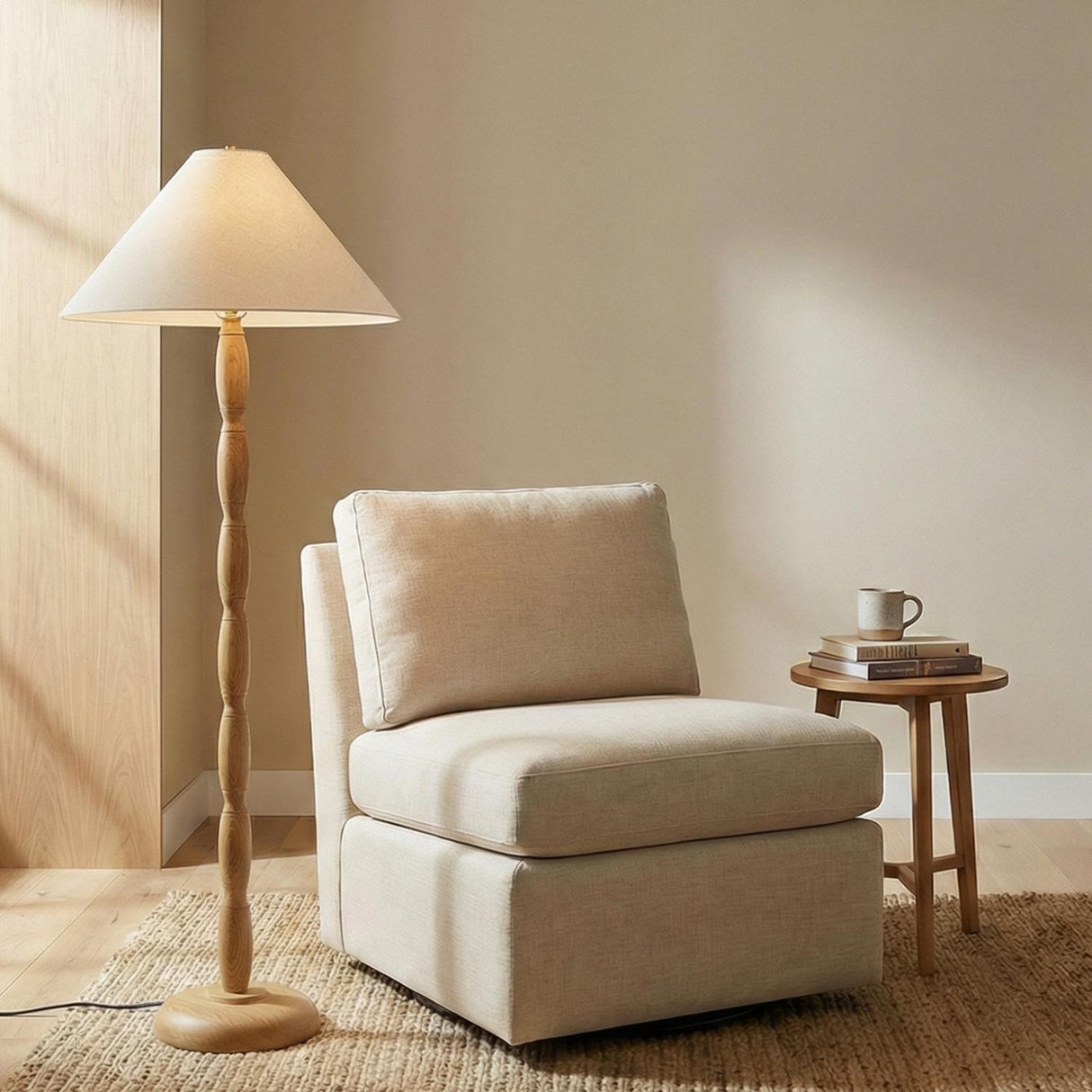 Audra Floor Lamp 64", Natural Oak beaded Floor Lamp in a Modern Farmhouse Living Room with a beige armchair and jute rug.