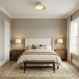 Beatrix Flush Mount 14", White and Gold Leaf scalloped flush mount in a Transitional Bedroom with a neutral upholstered bed.