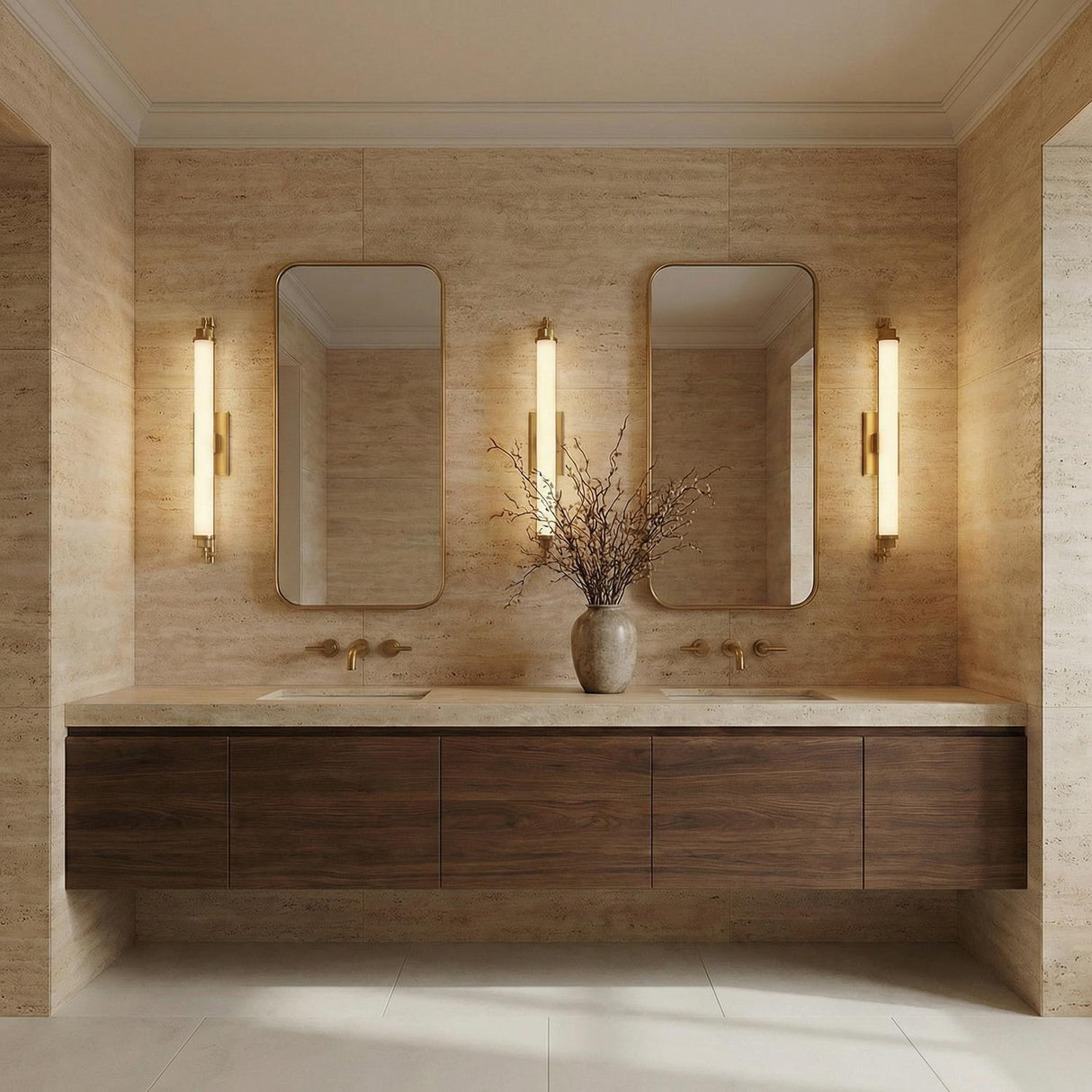 Linear LED Wall Sconce, Aged Brass linear Wall Sconce in a Contemporary Bathroom with a floating wood vanity and travertine walls.