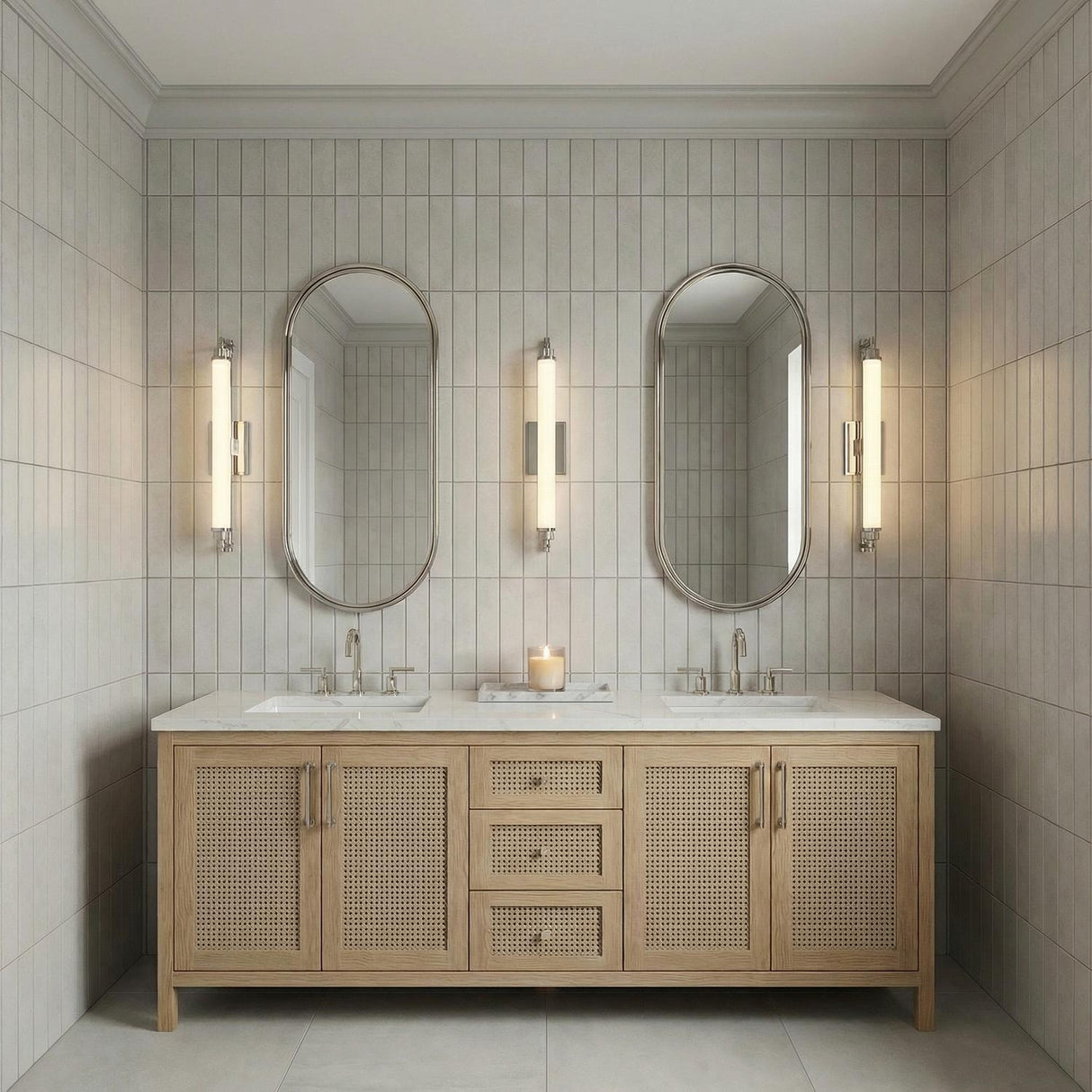 Empire LED Wall Sconce 28", Polished Nickel linear wall sconce in a Transitional Bathroom with a cane double vanity.