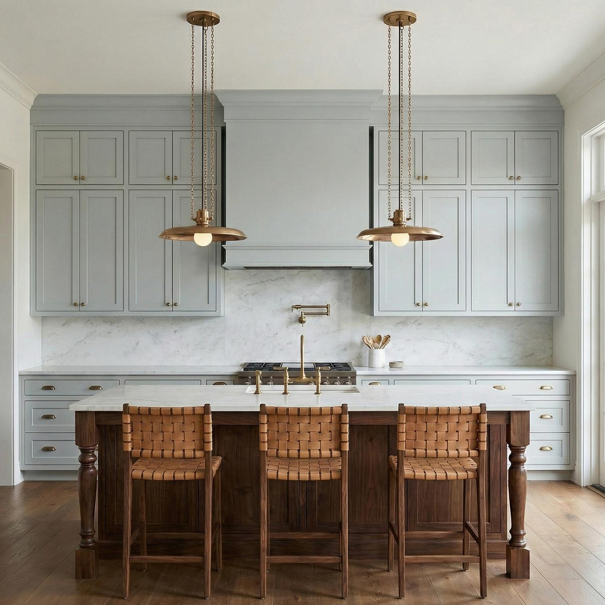 Titan Medium Pendant 16", Patina Brass geometric Pendant in a Transitional Kitchen with a white marble island and leather stools.