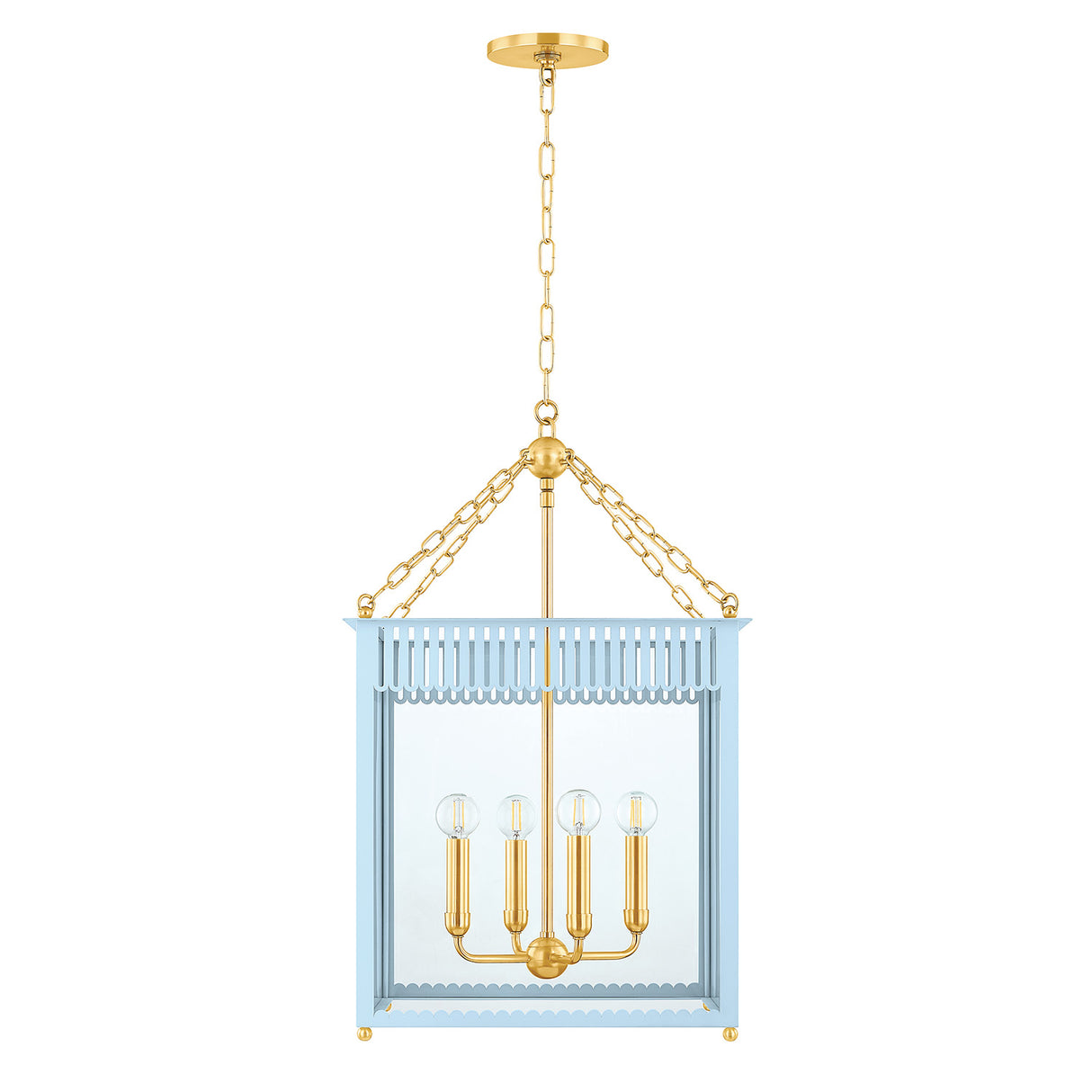 Roanne Large Lantern Pendant 17", Light Blue and Aged Brass