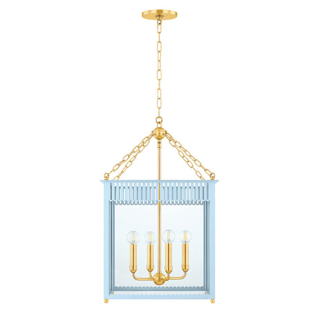 Roanne Large Lantern Pendant 17", Light Blue and Aged Brass