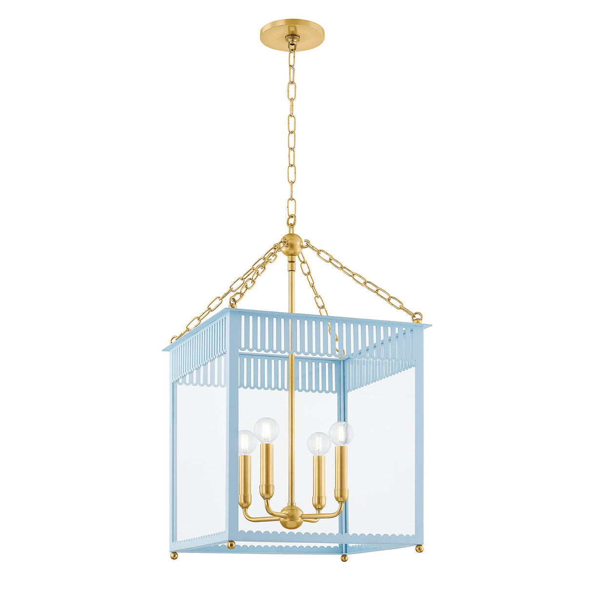 Roanne Large Lantern Pendant 17", Light Blue and Aged Brass