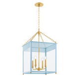 Roanne Large Lantern Pendant 17", Light Blue and Aged Brass