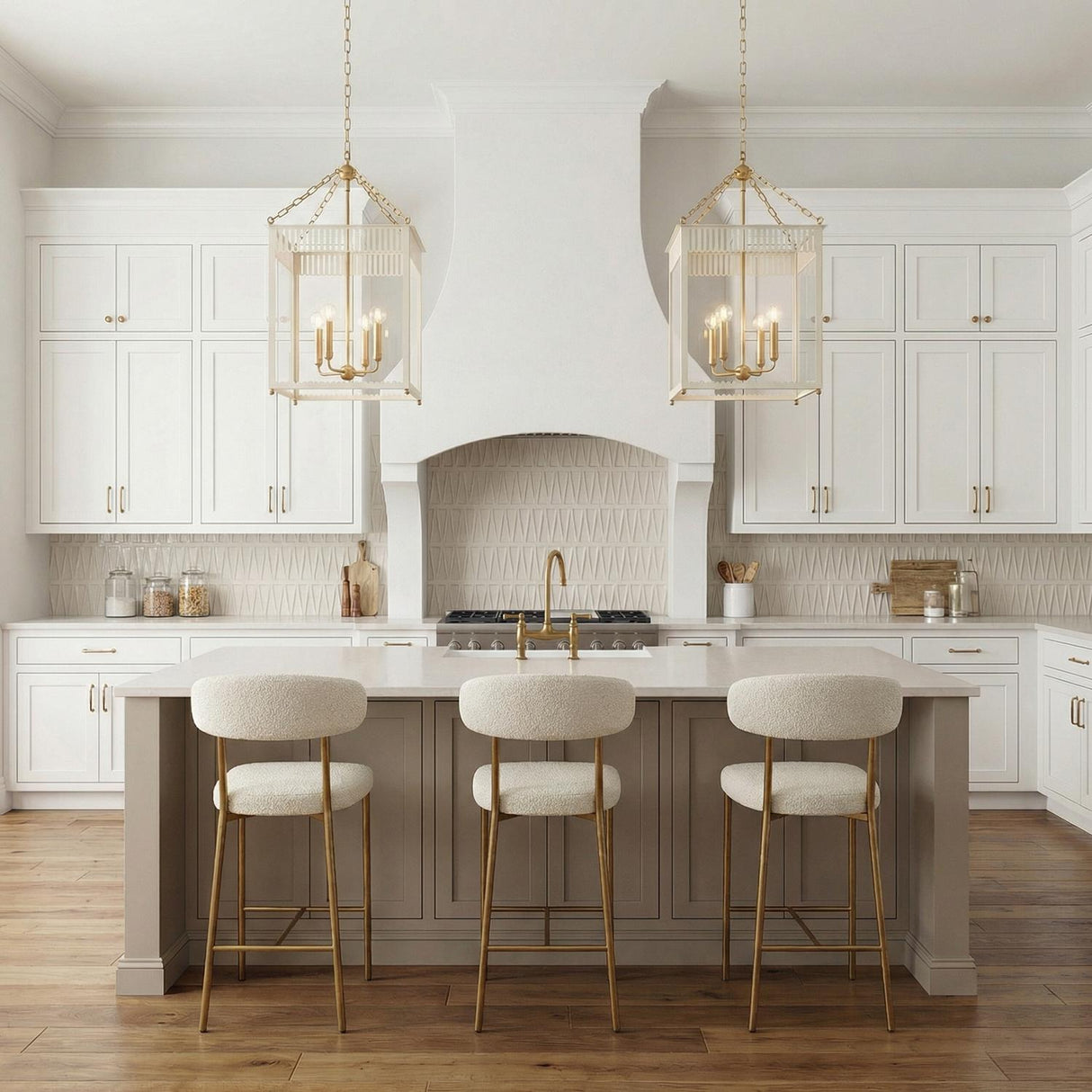 Roanne Large Lantern Pendant 17", Cream and Aged Brass geometric lantern pendant in a Transitional Kitchen with boucle bar stools.