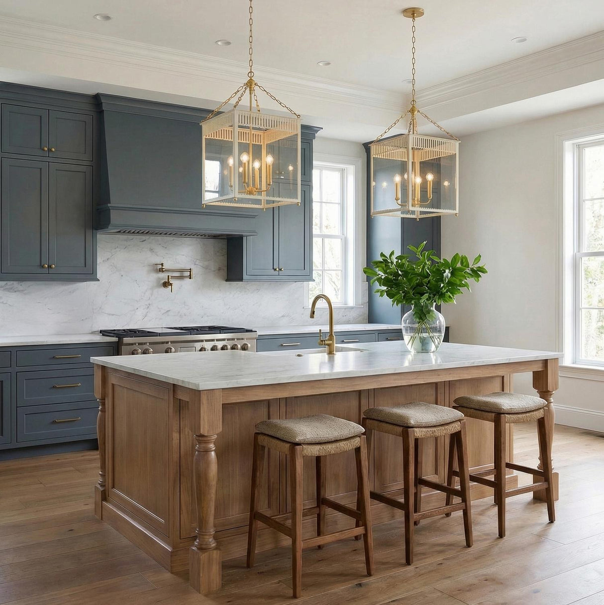 Roanne Large Lantern Pendant 17", Cream and Aged Brass geometric lantern Pendant in a Transitional Kitchen with a white marble island.