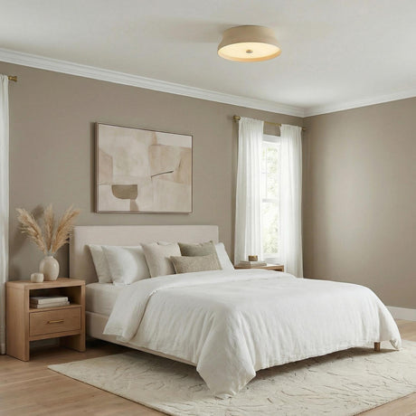 Lark Small LED Flush Mount 12", Beige geometric Flush Mount in a Transitional Bedroom with a neutral upholstered bed.
