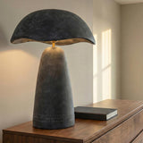 Janna Table Lamp 21", Artisan Slate geometric Table Lamp in a Modern Bedroom with a walnut dresser.