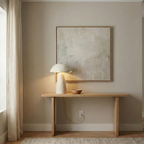 Janna Table Lamp 21", Artisan Ivory scalloped Table Lamp in a Modern Entryway with a light wood console table.