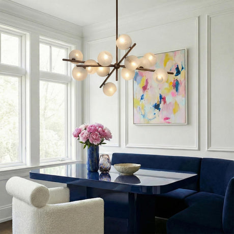 Felix 12 Light Chandelier 42", Bronze Leaf and Seeded Cloud Glass