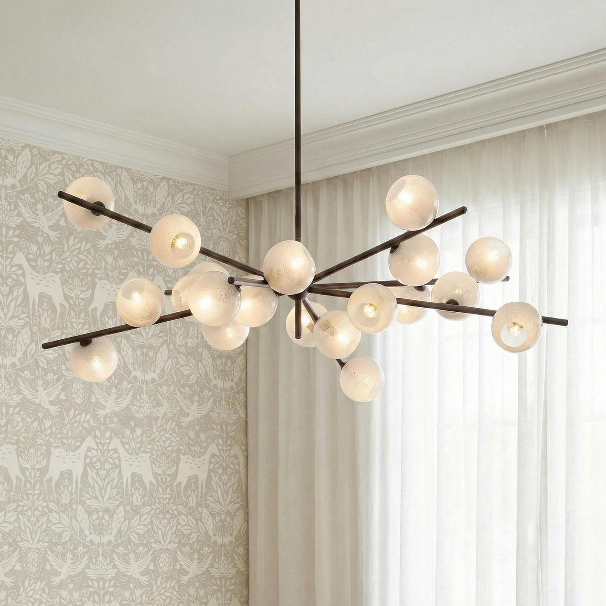 Felix 20 Light Chandelier 60", Bronze Leaf and Seeded Cloud Glass