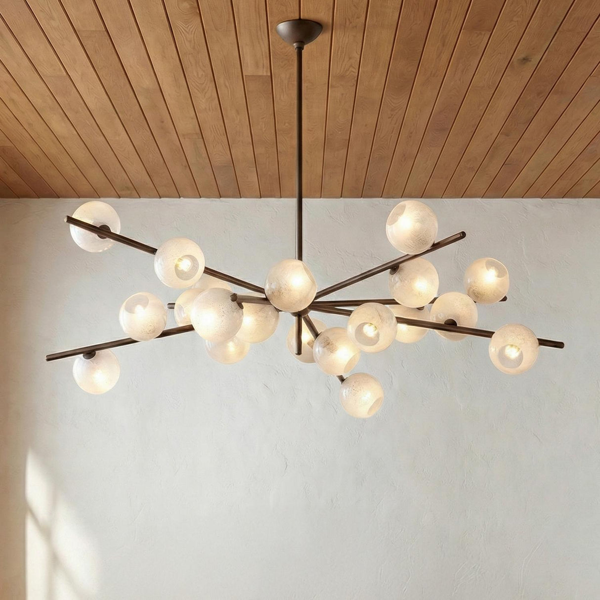 Felix 20 Light Chandelier 60", Bronze Leaf and Seeded Cloud Glass