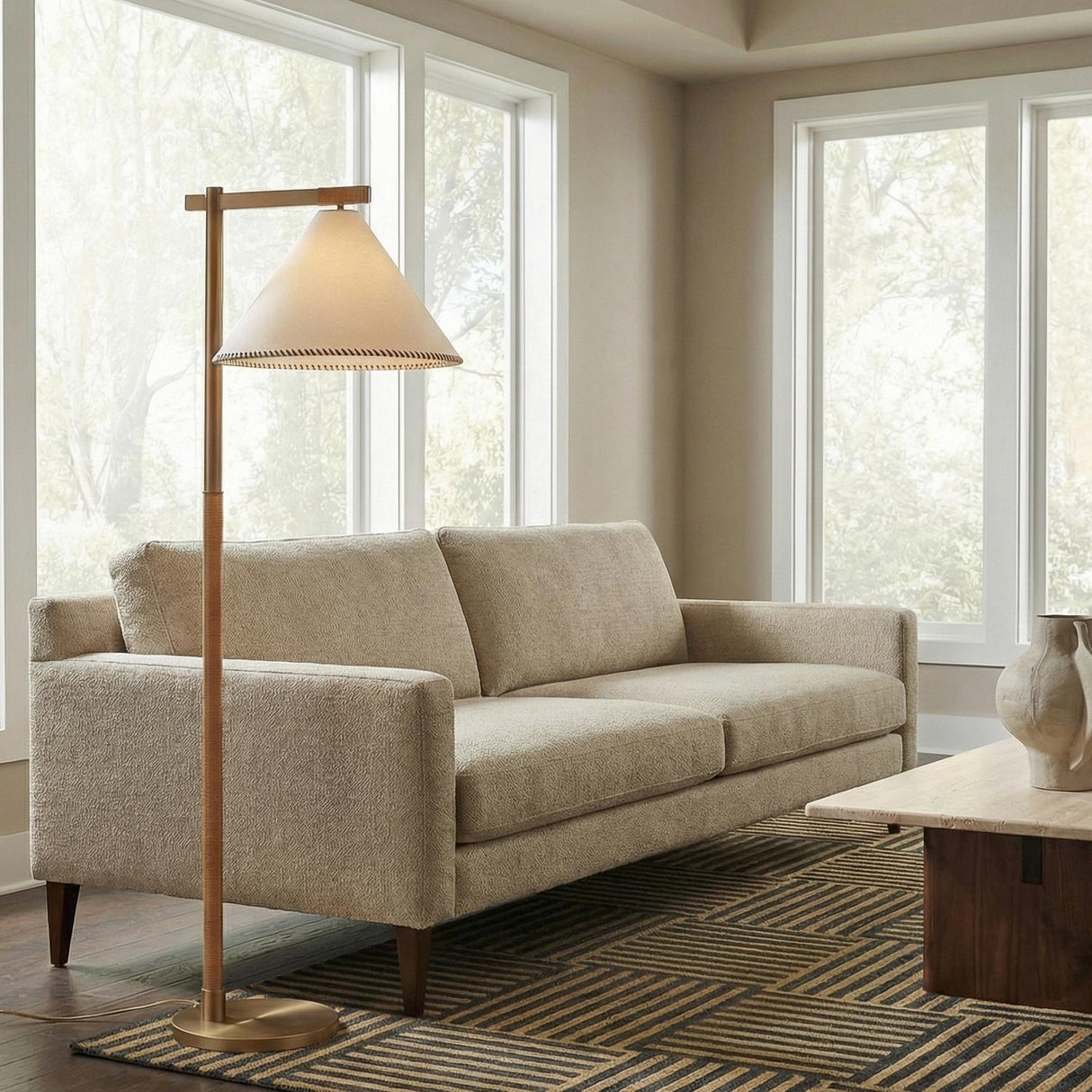 Delora Floor Lamp 60", Patina Brass and Rattan