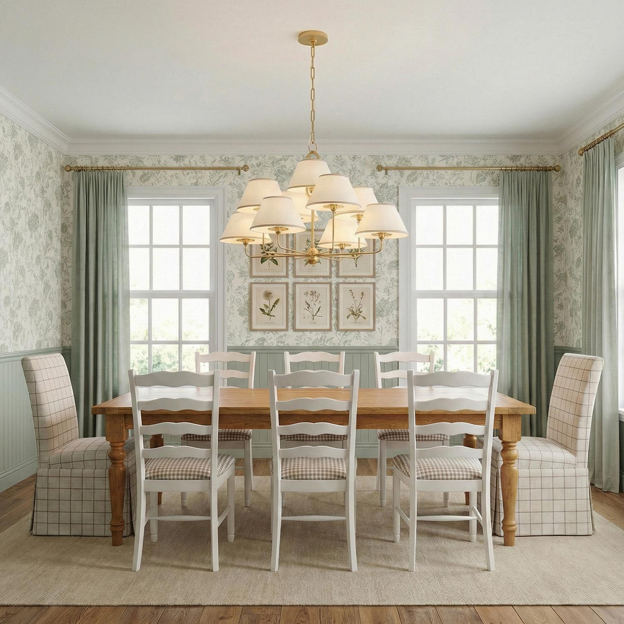 Belmont 9 Light Chandelier 40", Aged Brass tapered shade Chandelier in a Traditional Dining Room with a rustic oak table.