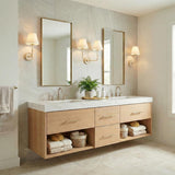 Cicero Wall Sconce 17", Off White and Aged Brass geometric wall sconce in a Transitional Bathroom with a light oak double vanity.