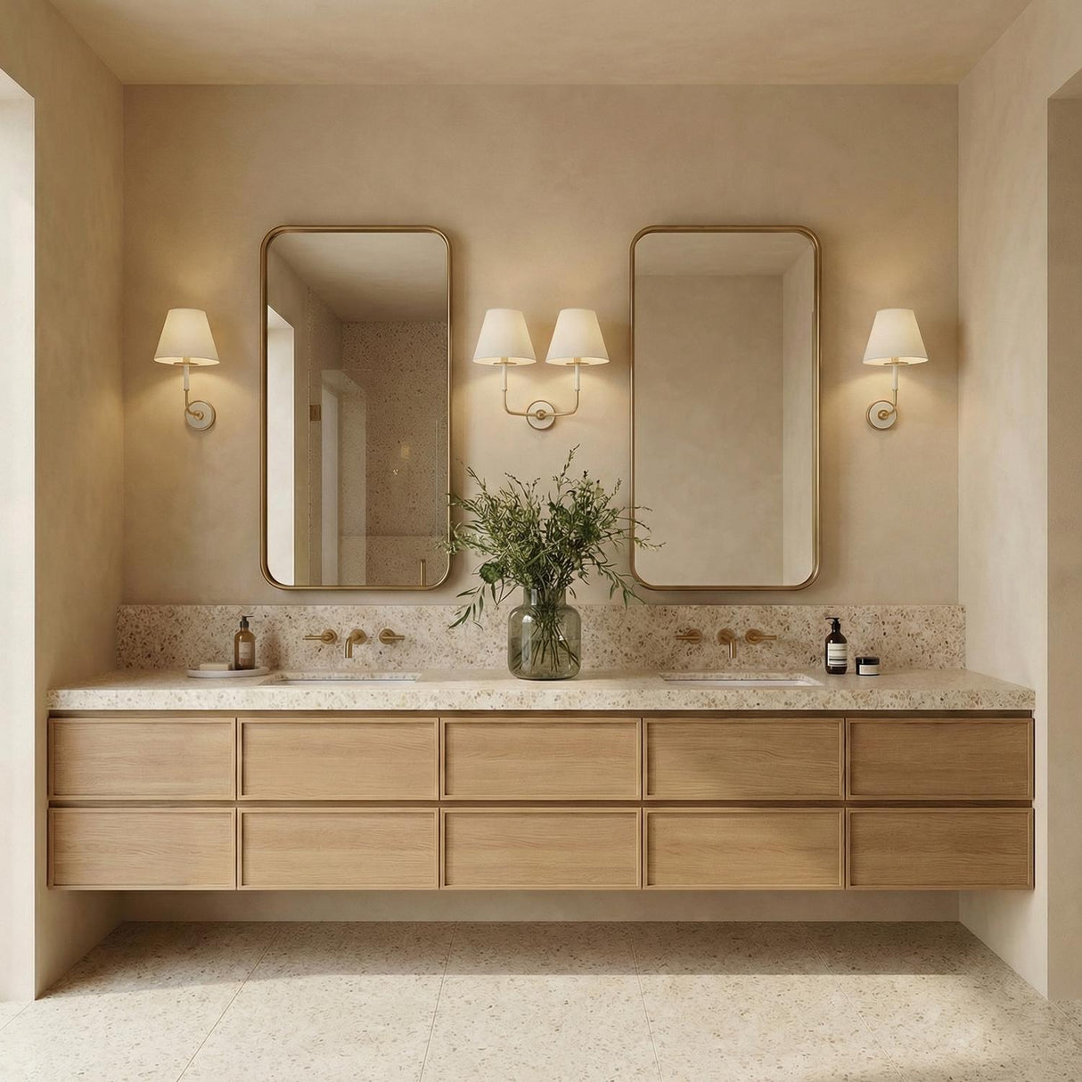 Cicero Double Wall Sconce 16", Off White and Aged Brass