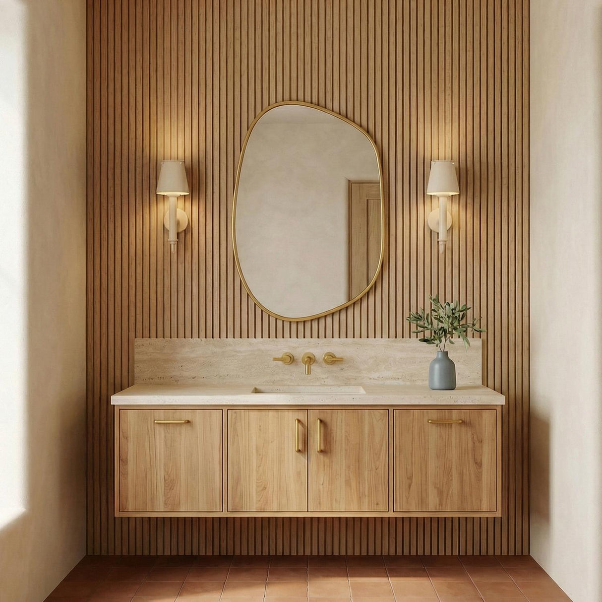 Dulcie Metal Wall Sconce 16", Bisque geometric wall sconce in a Contemporary Bathroom with a wood slat wall and organic mirror.