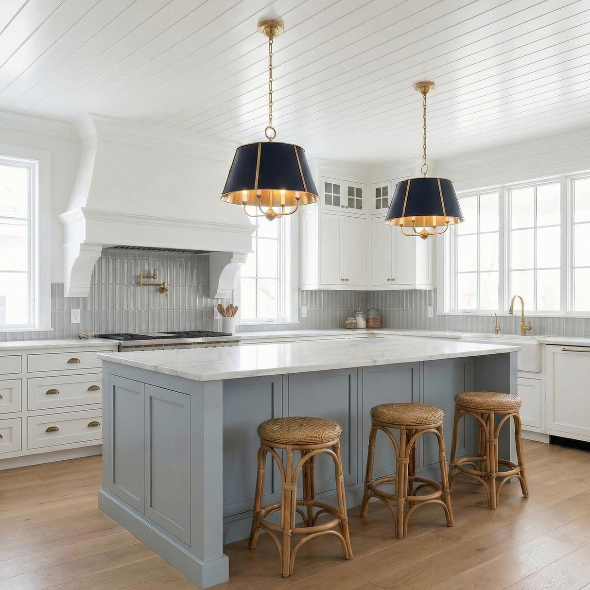 Avery 4 Light Large Pendant 20", Midnight Blue and Aged Brass geometric pendant in a Transitional Kitchen with a white marble island.