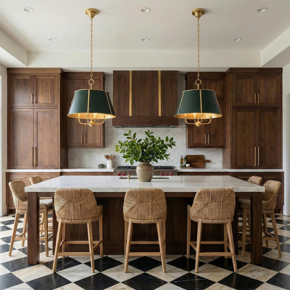 Avery 4 Light Large Pendant 20" Forest Green and Aged Brass geometric pendant in a Transitional Kitchen with a white marble island.